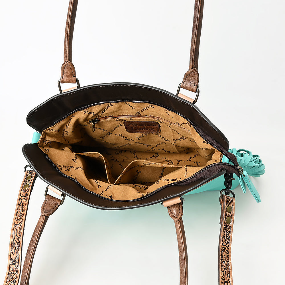ADBG1502 American Darling Western Leather Tote Bag with Hand-Tooled Floral Panel & Fringe Accents