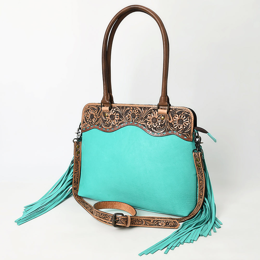 ADBG1502 American Darling Western Leather Tote Bag with Hand-Tooled Floral Panel & Fringe Accents
