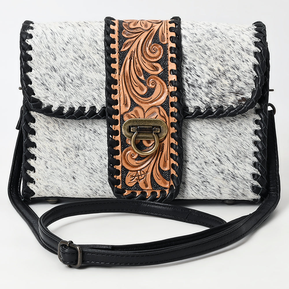 ADBG1503 American Darling Western Leather Small Cross Body Bag with Hair-On Cowhide & Tooled Panel