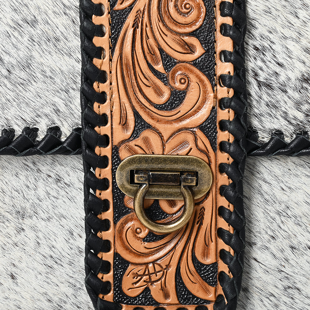 ADBG1503 American Darling Western Leather Small Cross Body Bag with Hair-On Cowhide & Tooled Panel