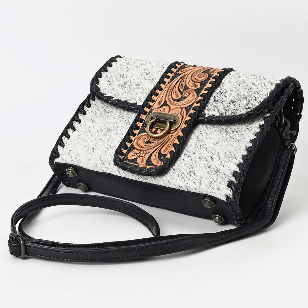 ADBG1503 American Darling Western Leather Small Cross Body Bag with Hair-On Cowhide & Tooled Panel