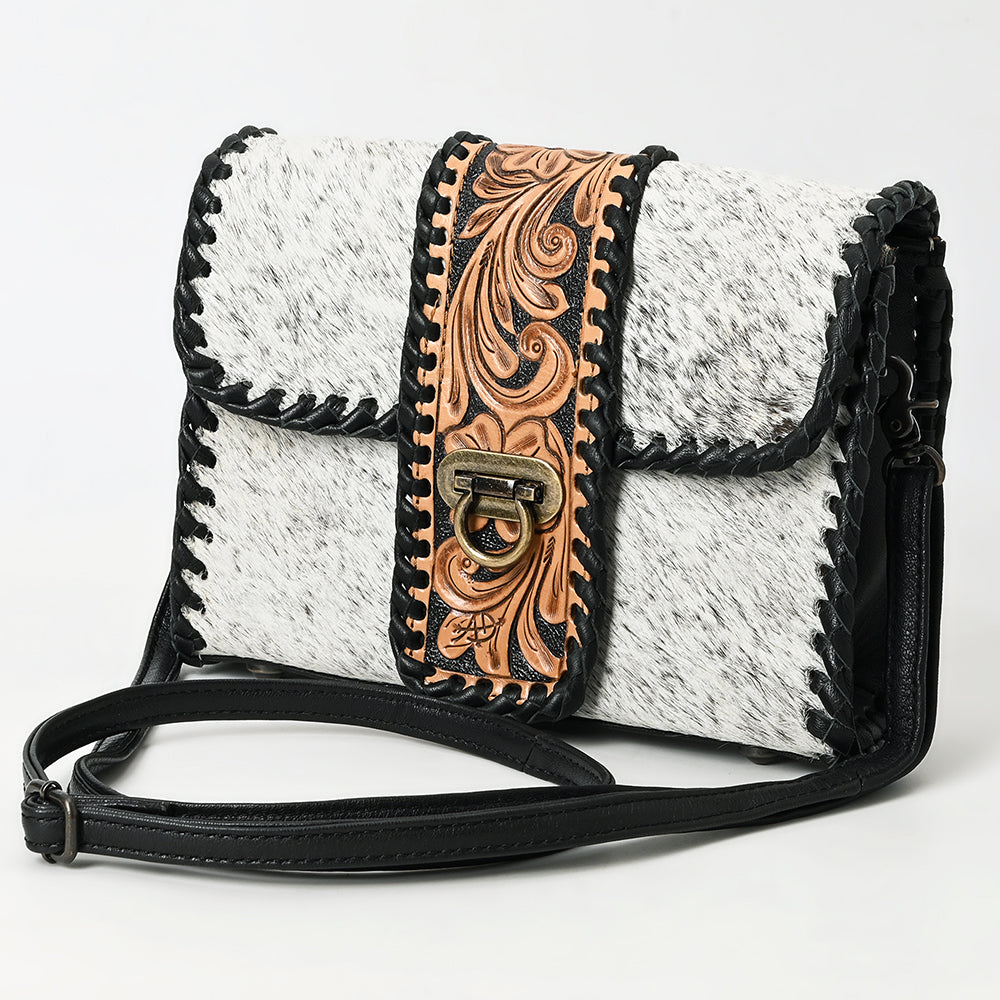 ADBG1503 American Darling Western Leather Small Cross Body Bag with Hair-On Cowhide & Tooled Panel