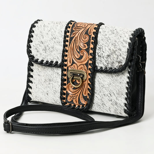 ADBG1503 American Darling Western Leather Small Cross Body Bag with Hair-On Cowhide & Tooled Panel