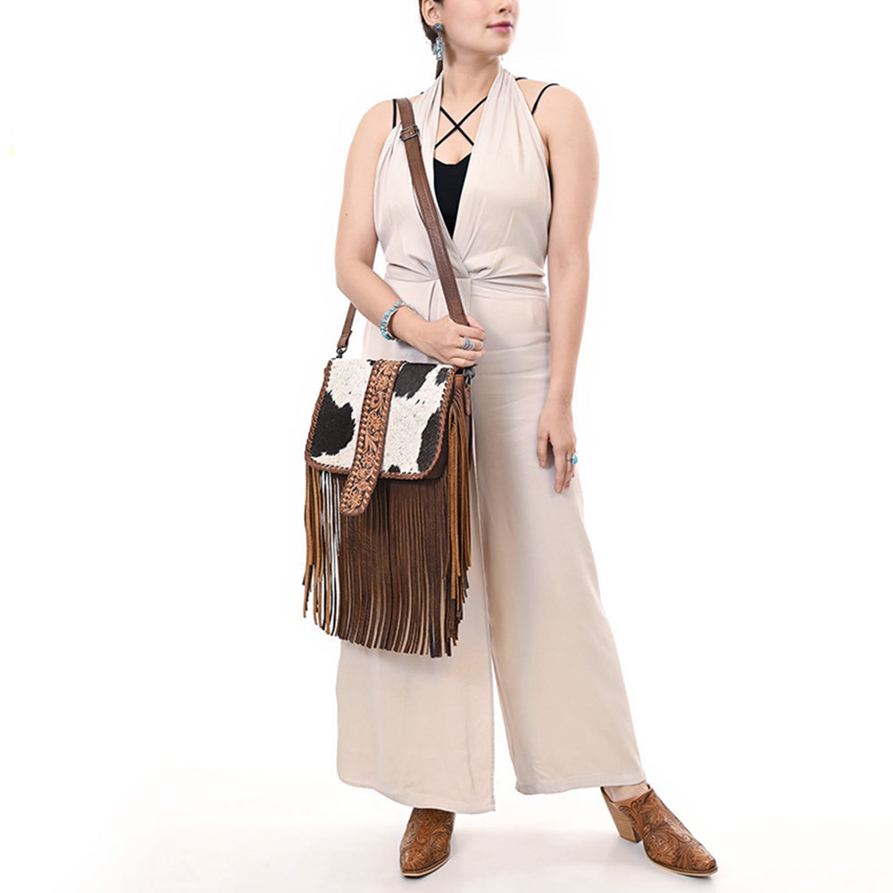 ADBG1504 American Darling Western Leather Cross Body Bag with Hair-On Cowhide & Tooled Panel Fringe