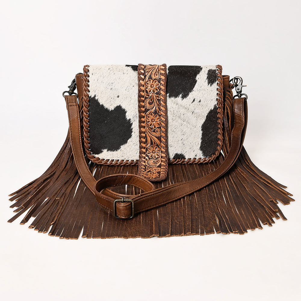 ADBG1504 American Darling Western Leather Cross Body Bag with Hair-On Cowhide & Tooled Panel Fringe