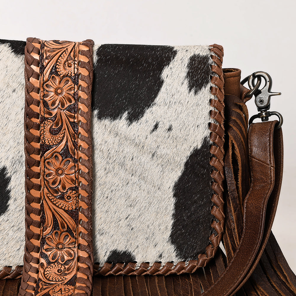 ADBG1504 American Darling Western Leather Cross Body Bag with Hair-On Cowhide & Tooled Panel Fringe