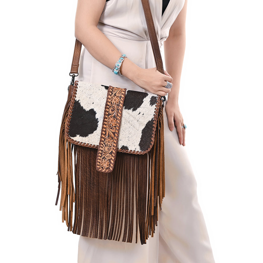 ADBG1504 American Darling Western Leather Cross Body Bag with Hair-On Cowhide & Tooled Panel Fringe