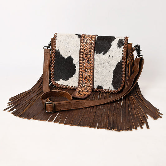 ADBG1504 American Darling Western Leather Cross Body Bag with Hair-On Cowhide & Tooled Panel Fringe