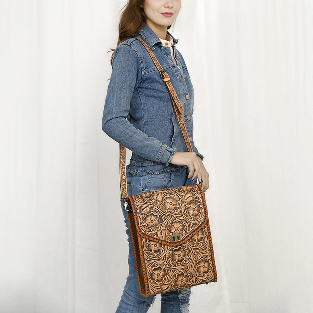 ADBG1505 American Darling Western Leather Small Cross Body Bag with Hand-Tooled Floral Carving