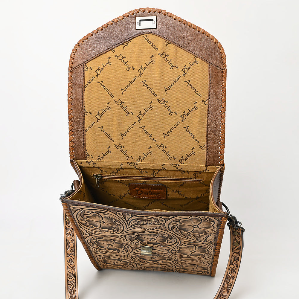 ADBG1505 American Darling Western Leather Small Cross Body Bag with Hand-Tooled Floral Carving