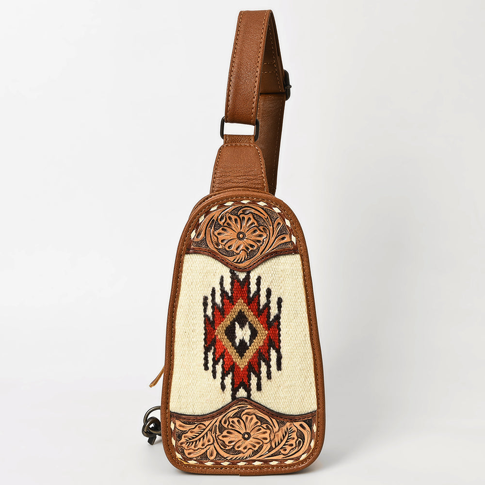 ADBG1510 American Darling Western Leather Sling Bag with Hand-Tooled Floral & Saddle Blanket Panel