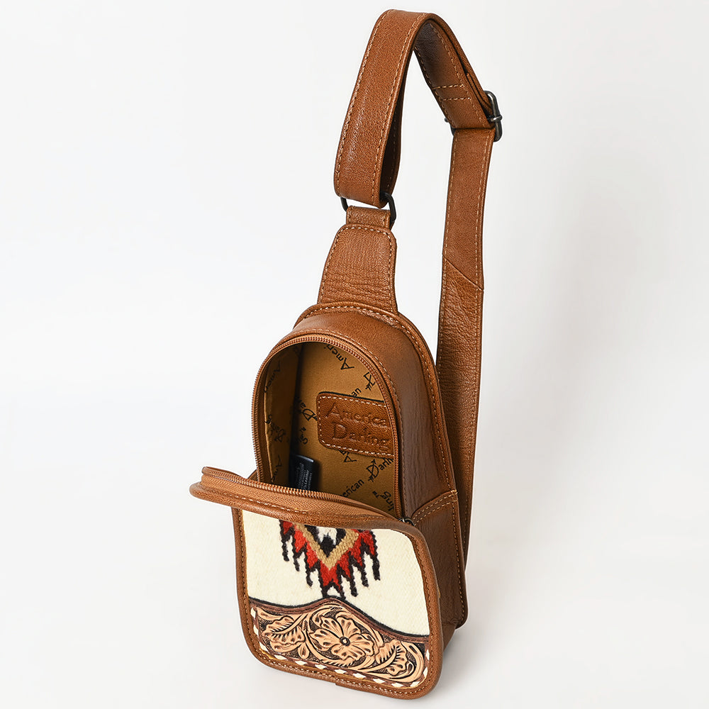 ADBG1510 American Darling Western Leather Sling Bag with Hand-Tooled Floral & Saddle Blanket Panel