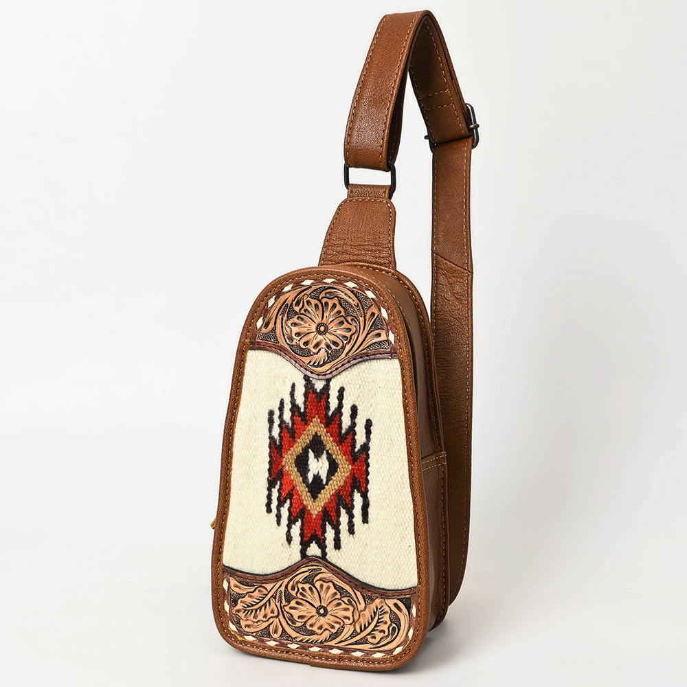 ADBG1510 American Darling Western Leather Sling Bag with Hand-Tooled Floral & Saddle Blanket Panel