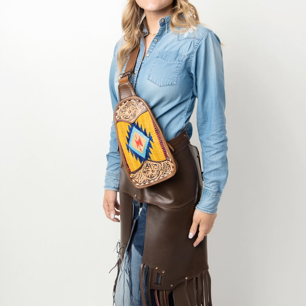 ADBG1510 American Darling Western Leather Sling Bag with Hand-Tooled Floral & Saddle Blanket Panel