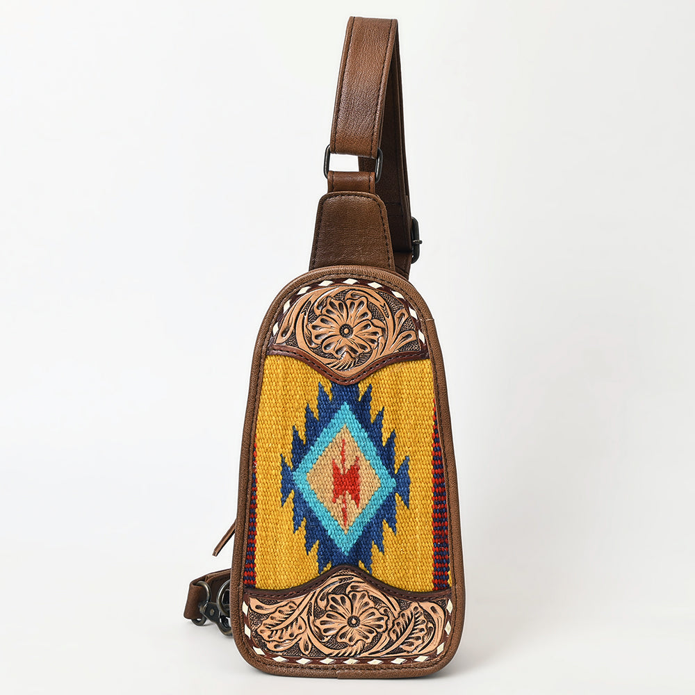 ADBG1510 American Darling Western Leather Sling Bag with Hand-Tooled Floral & Saddle Blanket Panel