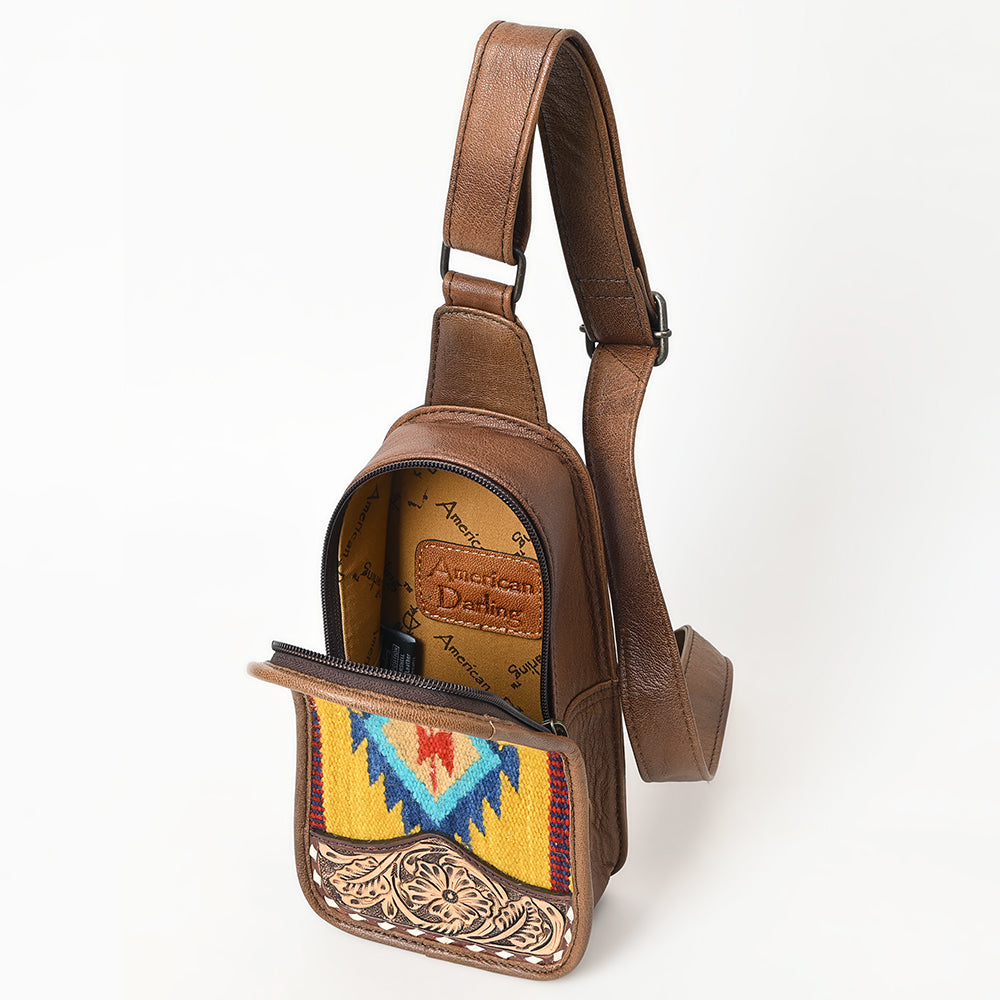 ADBG1510 American Darling Western Leather Sling Bag with Hand-Tooled Floral & Saddle Blanket Panel
