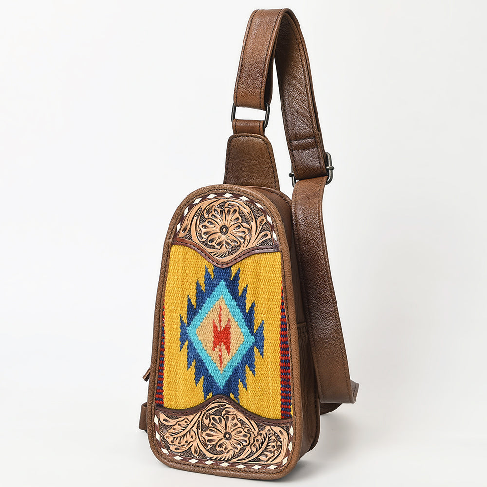 ADBG1510 American Darling Western Leather Sling Bag with Hand-Tooled Floral & Saddle Blanket Panel