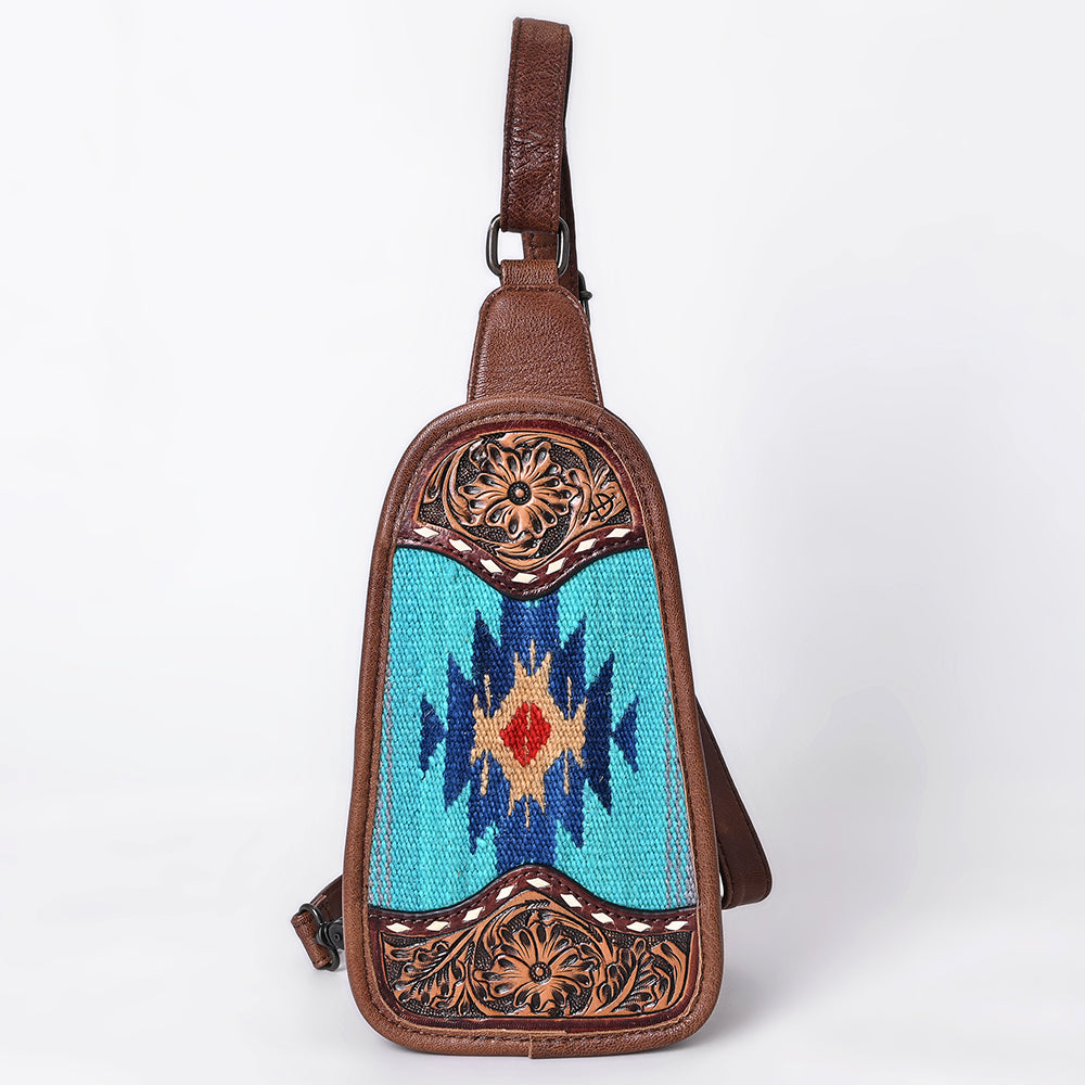 ADBG1510 American Darling Western Leather Sling Bag with Hand-Tooled Floral & Saddle Blanket Panel