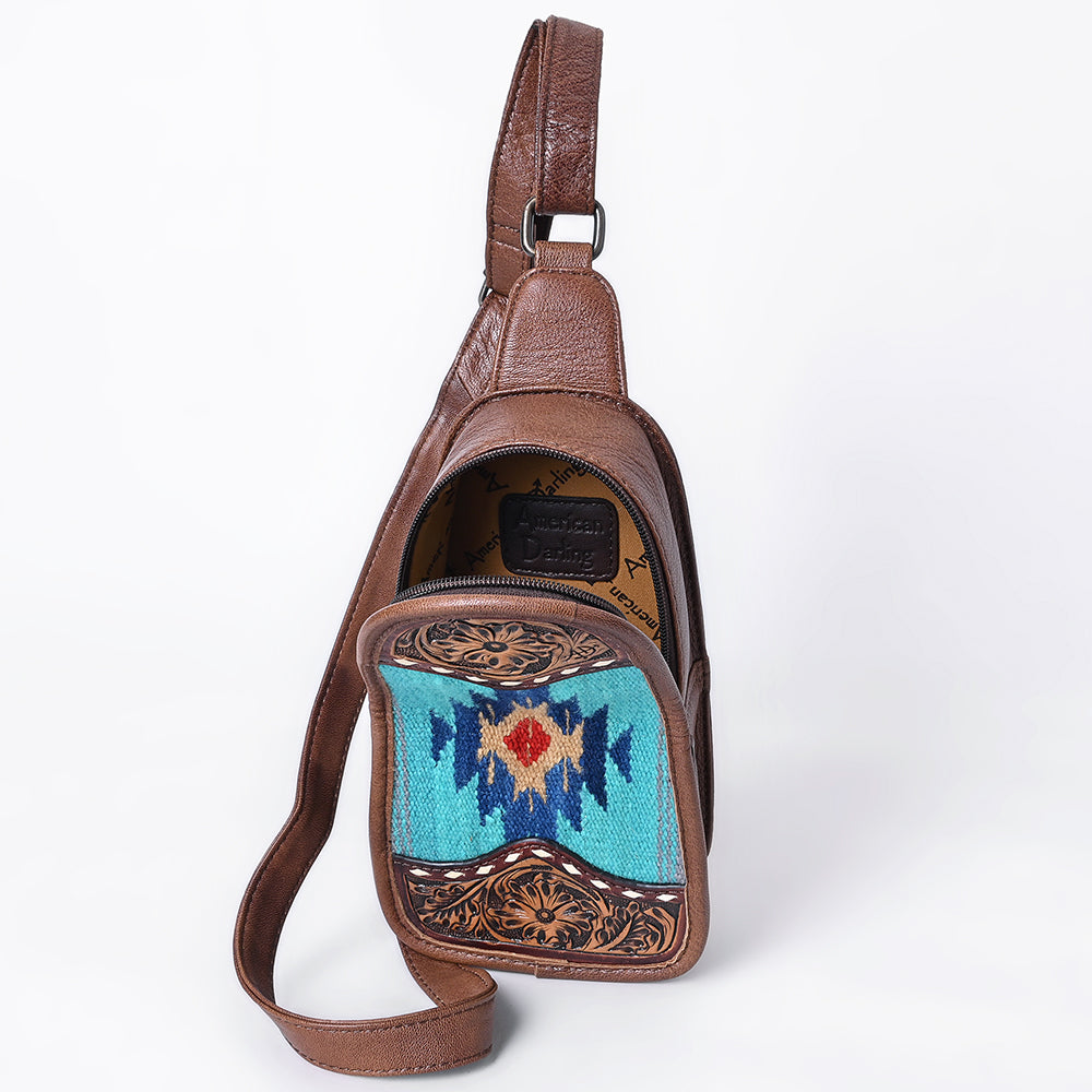 ADBG1510 American Darling Western Leather Sling Bag with Hand-Tooled Floral & Saddle Blanket Panel