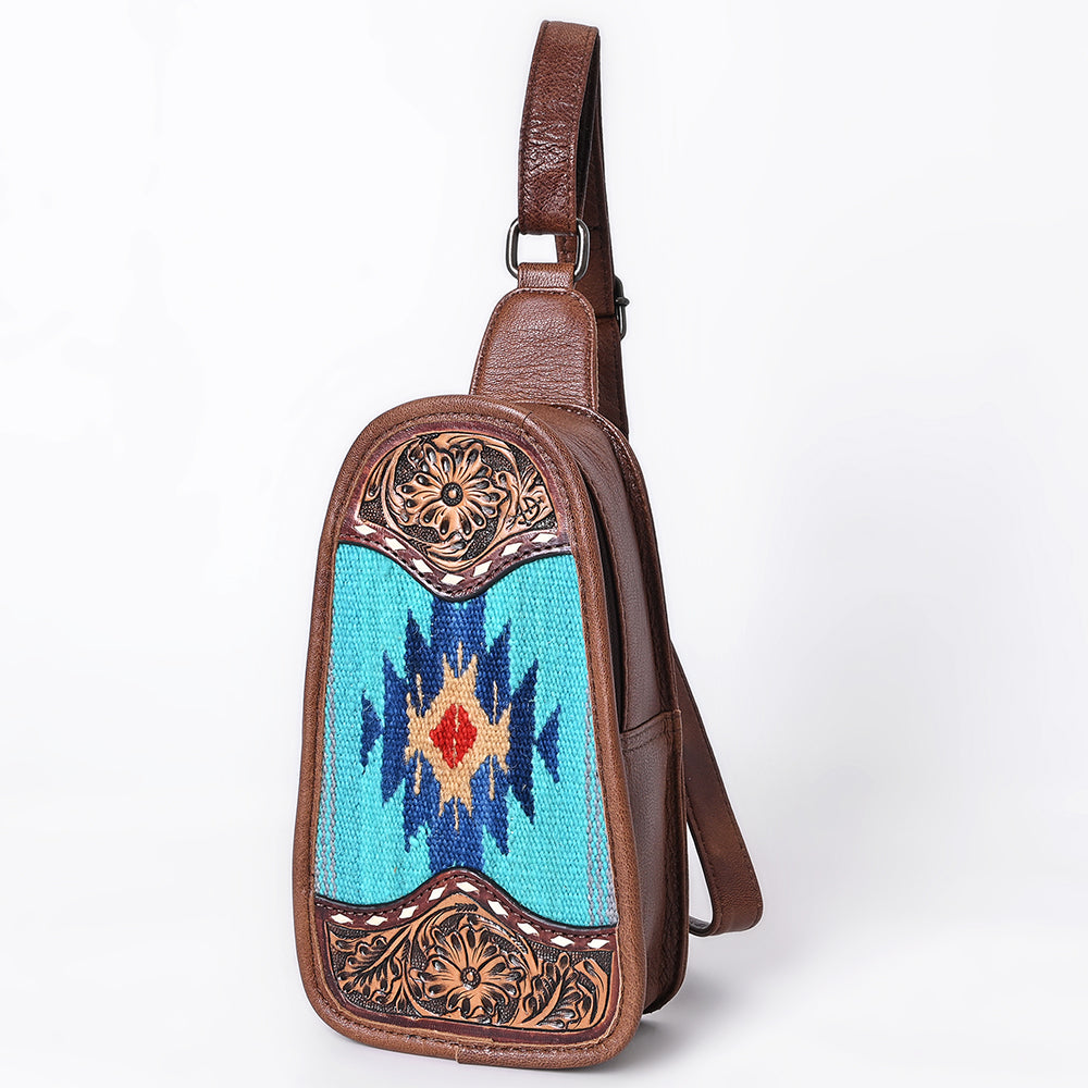 ADBG1510 American Darling Western Leather Sling Bag with Hand-Tooled Floral & Saddle Blanket Panel