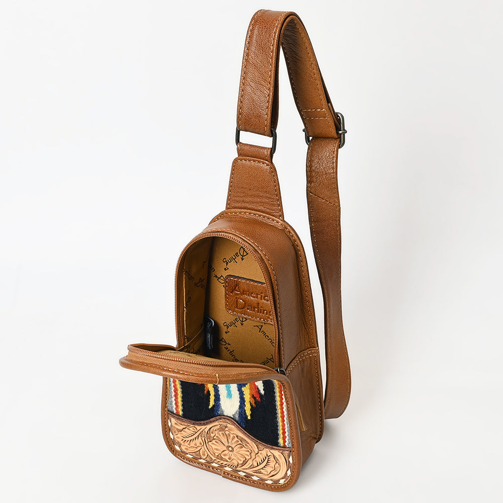 ADBG1510 American Darling Western Leather Sling Bag with Hand-Tooled Floral & Saddle Blanket Panel