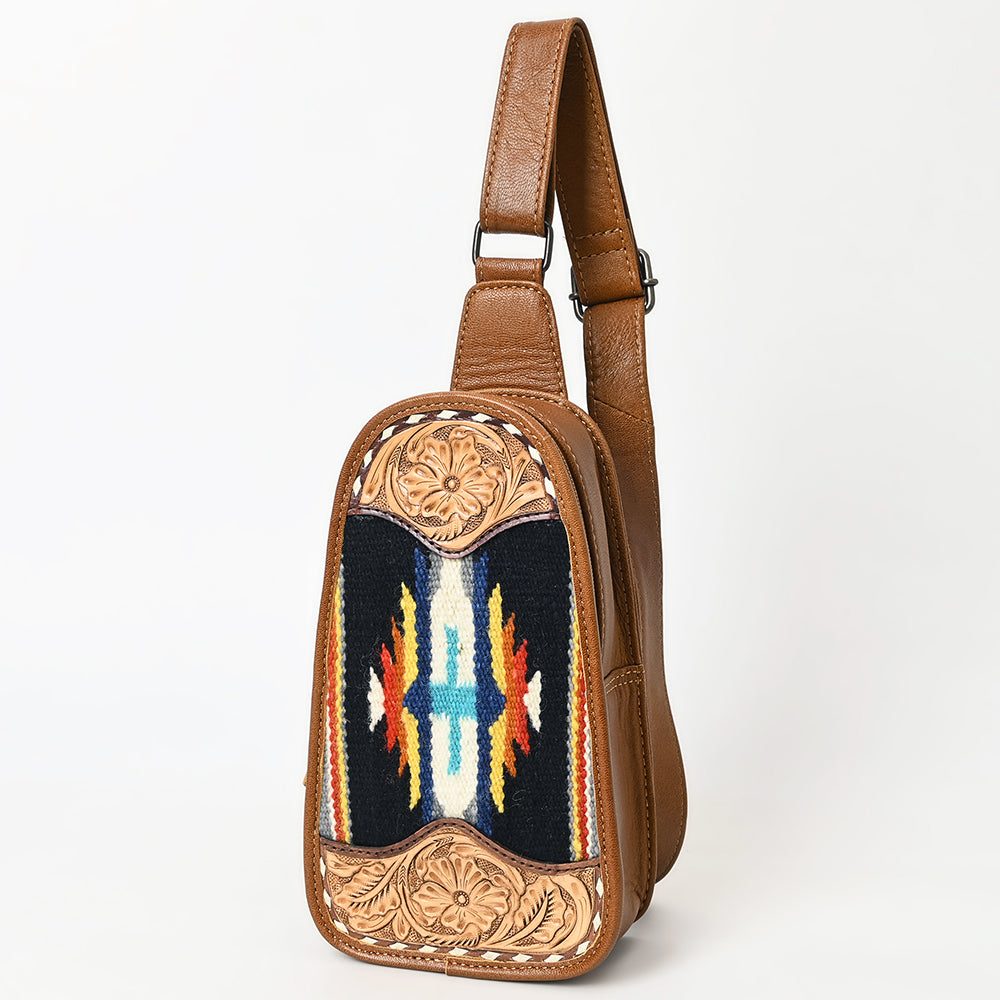 ADBG1510 American Darling Western Leather Sling Bag with Hand-Tooled Floral & Saddle Blanket Panel