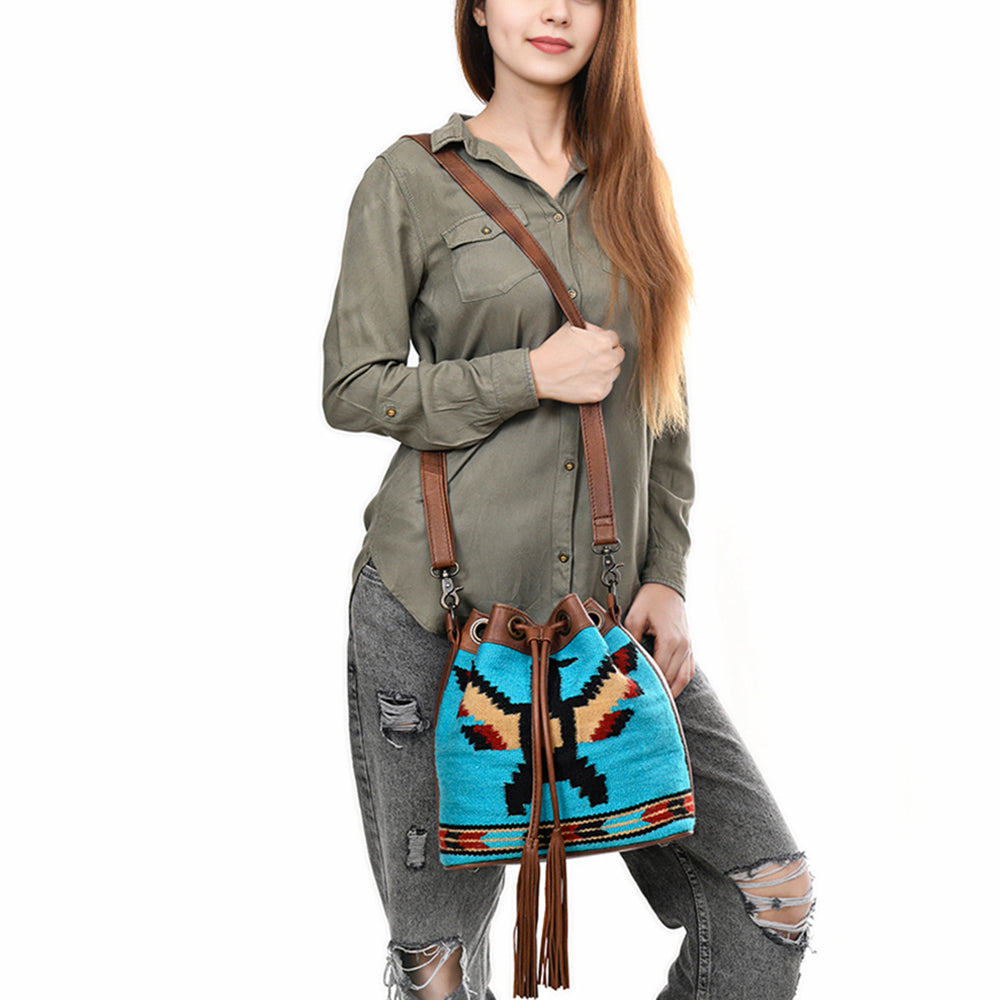 ADBG1512 American Darling Western Leather Bucket Bag Saddle Blanket Weave & Tassel Detail