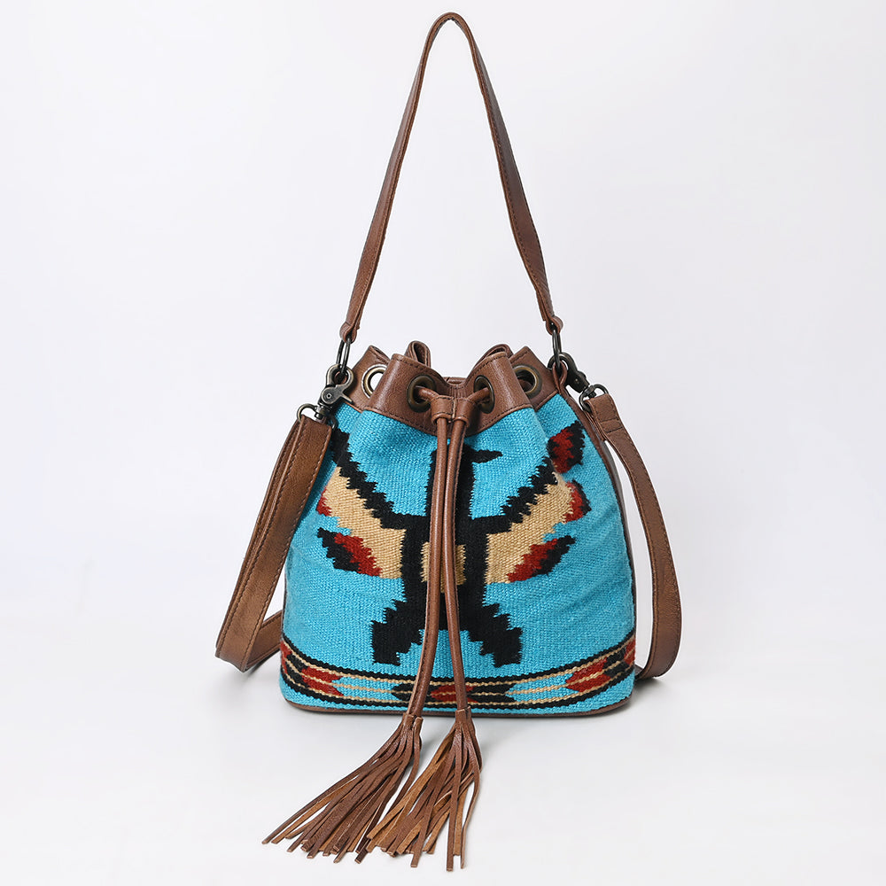 ADBG1512 American Darling Western Leather Bucket Bag Saddle Blanket Weave & Tassel Detail