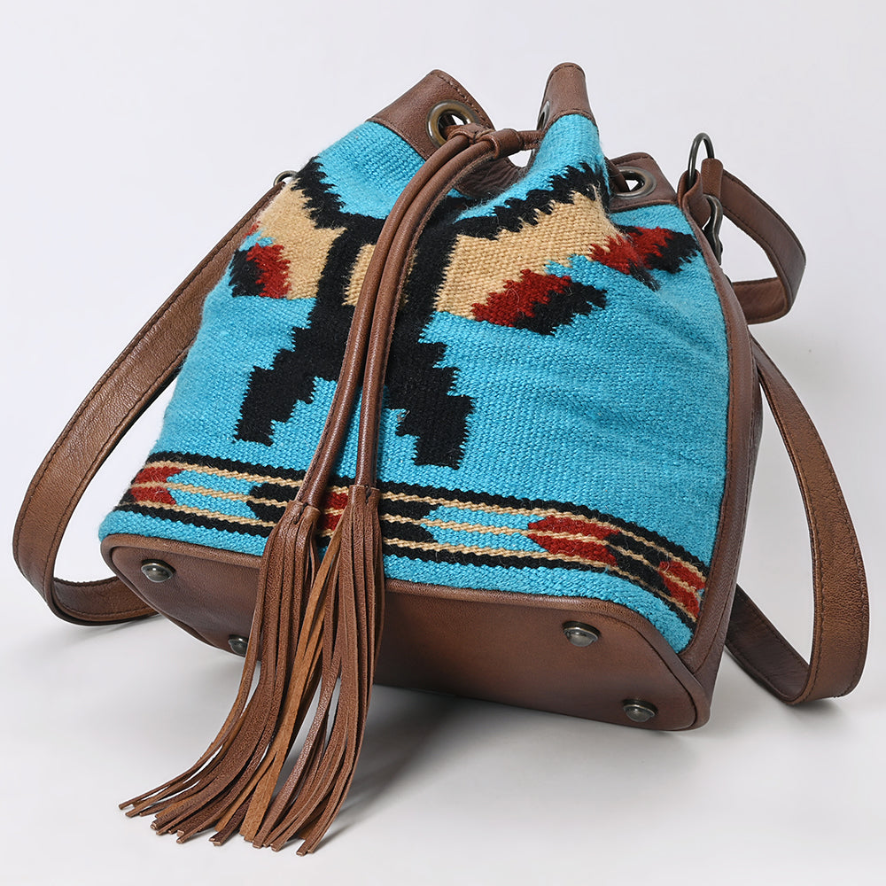 ADBG1512 American Darling Western Leather Bucket Bag Saddle Blanket Weave & Tassel Detail