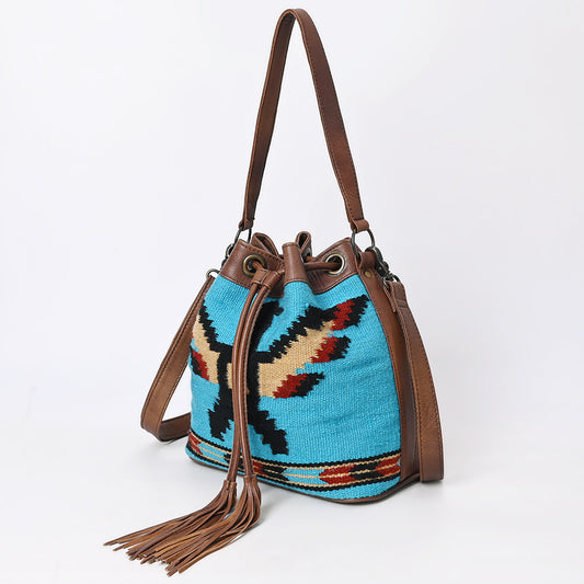 ADBG1512 American Darling Western Leather Bucket Bag Saddle Blanket Weave & Tassel Detail