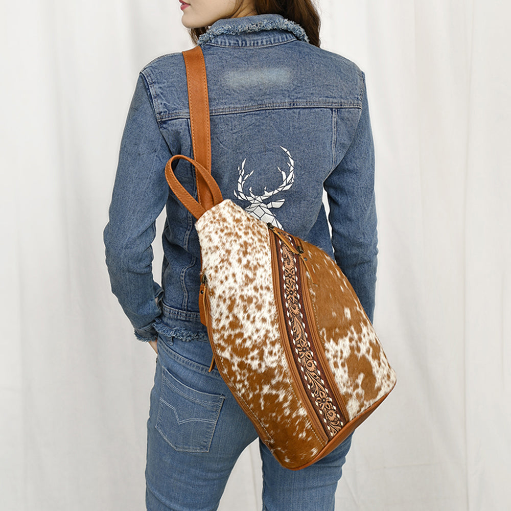 ADBG1513 American Darling Western Leather Sling Bag with Hair-On Cowhide & Hand-Tooled Accents