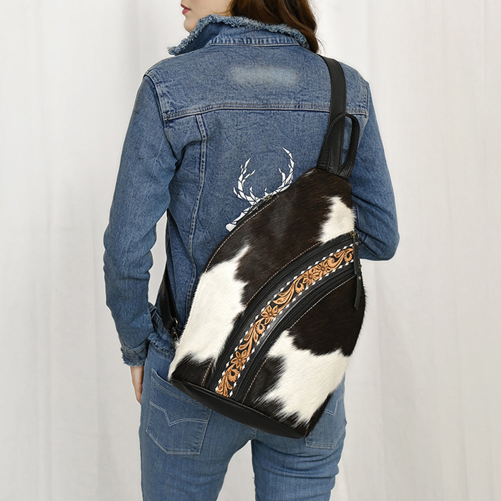 ADBG1514 American Darling Western Leather Sling Bag with Black & White Hair-On Cowhide & Hand-Tooled Accents