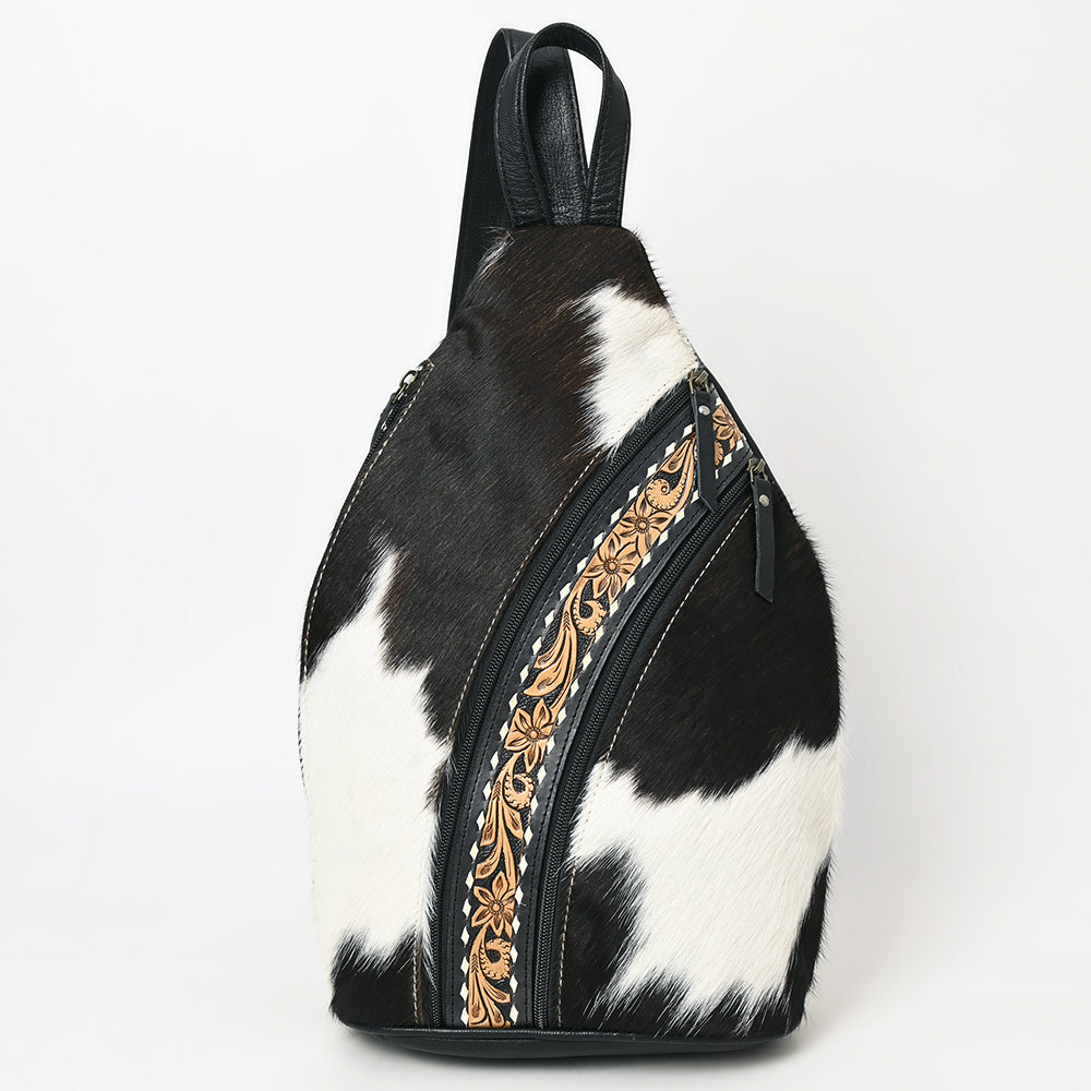 ADBG1514 American Darling Western Leather Sling Bag with Black & White Hair-On Cowhide & Hand-Tooled Accents