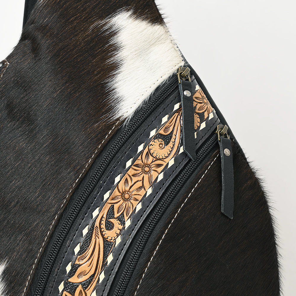 ADBG1514 American Darling Western Leather Sling Bag with Black & White Hair-On Cowhide & Hand-Tooled Accents