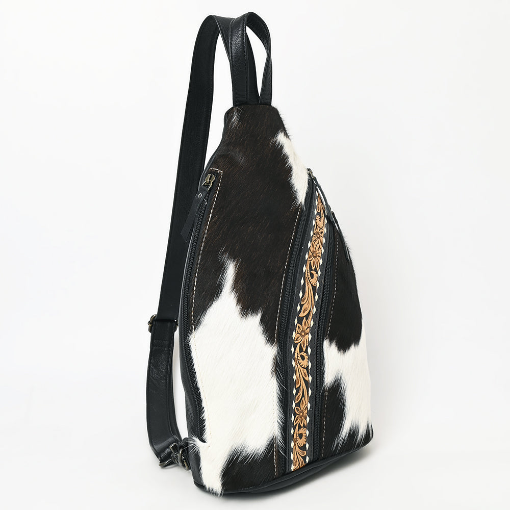 ADBG1514 American Darling Western Leather Sling Bag with Black & White Hair-On Cowhide & Hand-Tooled Accents