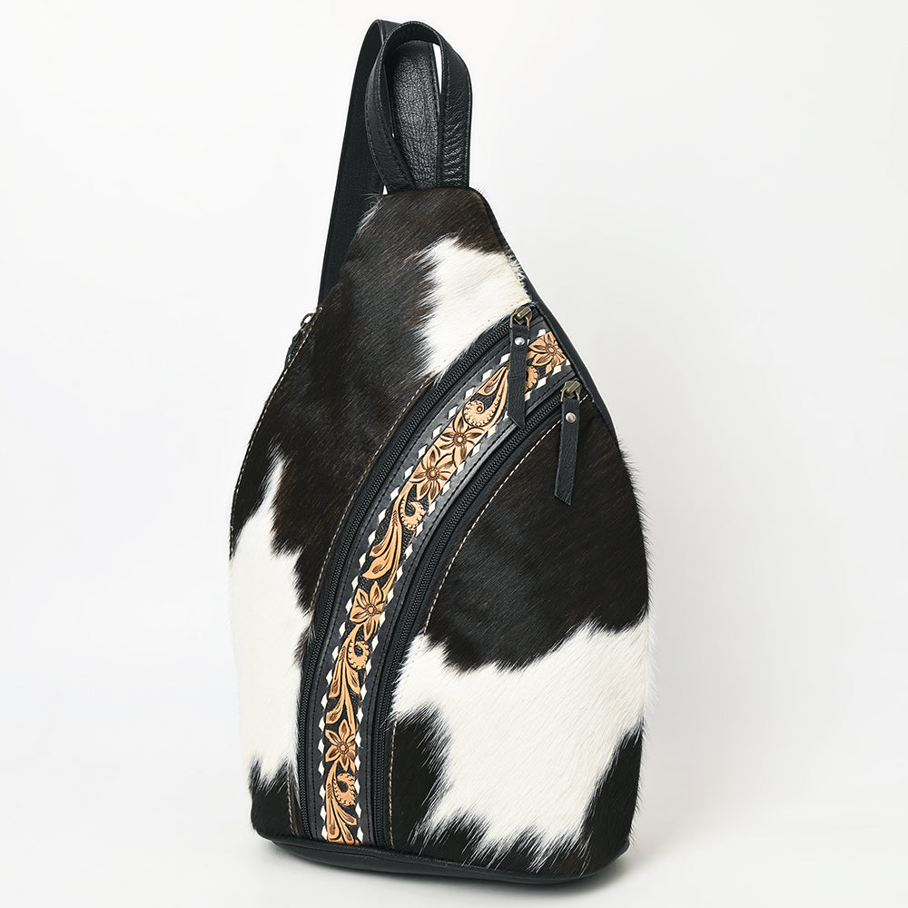 ADBG1514 American Darling Western Leather Sling Bag with Black & White Hair-On Cowhide & Hand-Tooled Accents