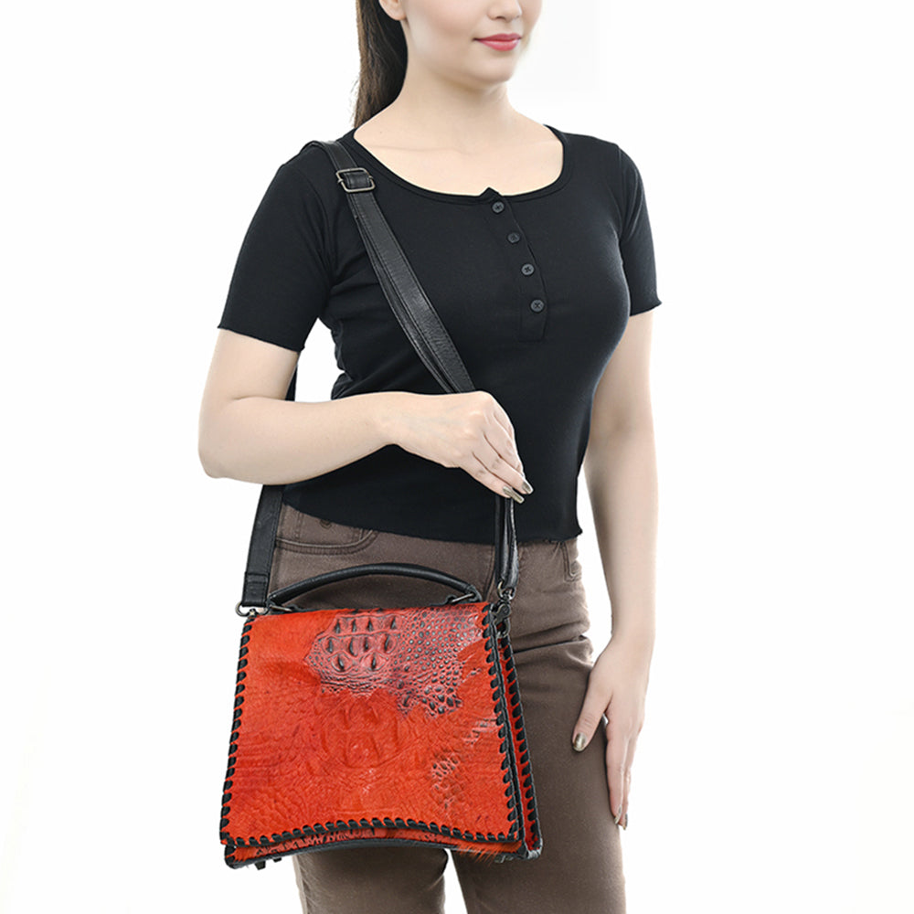 ADBG1516 American Darling Western Leather Messenger Bag with Hair-On Cowhide & Crocodile-Embossed Detailing