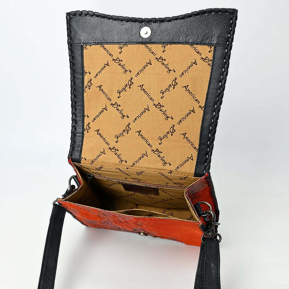 ADBG1516 American Darling Western Leather Messenger Bag with Hair-On Cowhide & Crocodile-Embossed Detailing