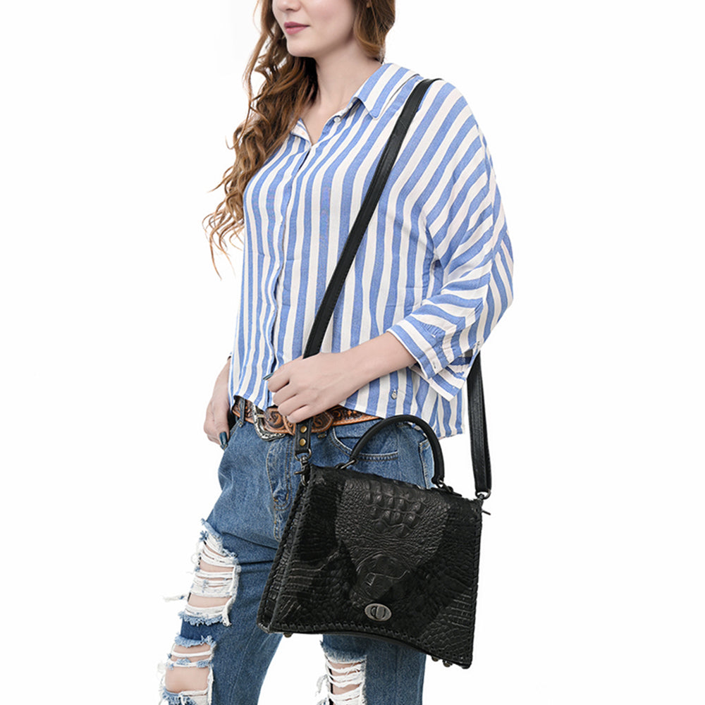 ADBG1516 American Darling Western Leather Messenger Bag with Hair-On Cowhide & Crocodile-Embossed Detailing
