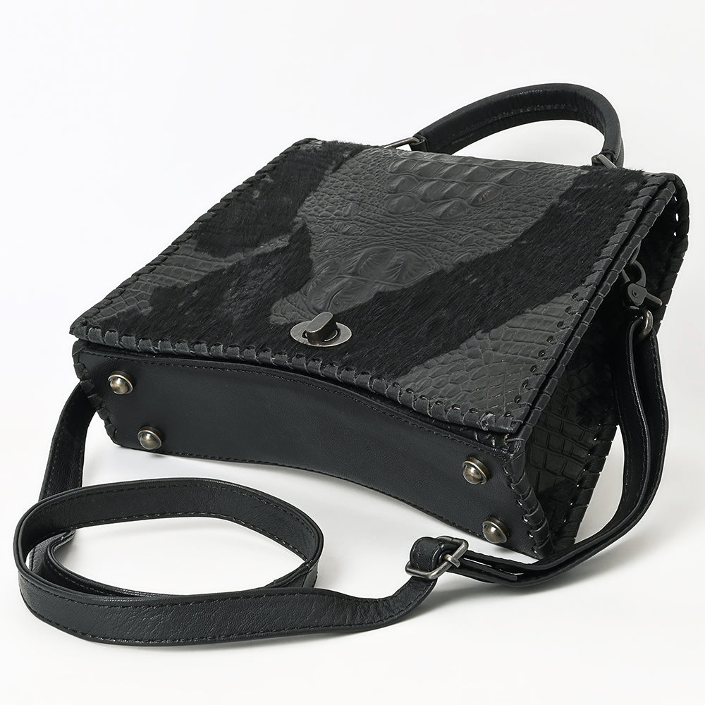 ADBG1516 American Darling Western Leather Messenger Bag with Hair-On Cowhide & Crocodile-Embossed Detailing
