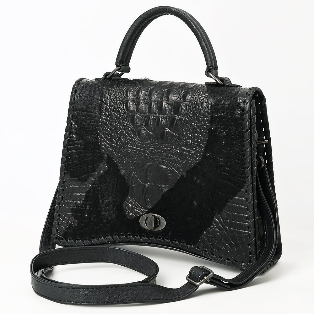 ADBG1516 American Darling Western Leather Messenger Bag with Hair-On Cowhide & Crocodile-Embossed Detailing