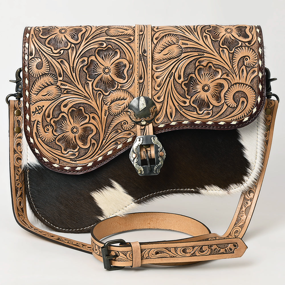 ADBG1518 American Darling Western Leather Crossbody Bag with Hand-Tooled Floral Detailing and Premium Genuine Leather Hair-On Accents