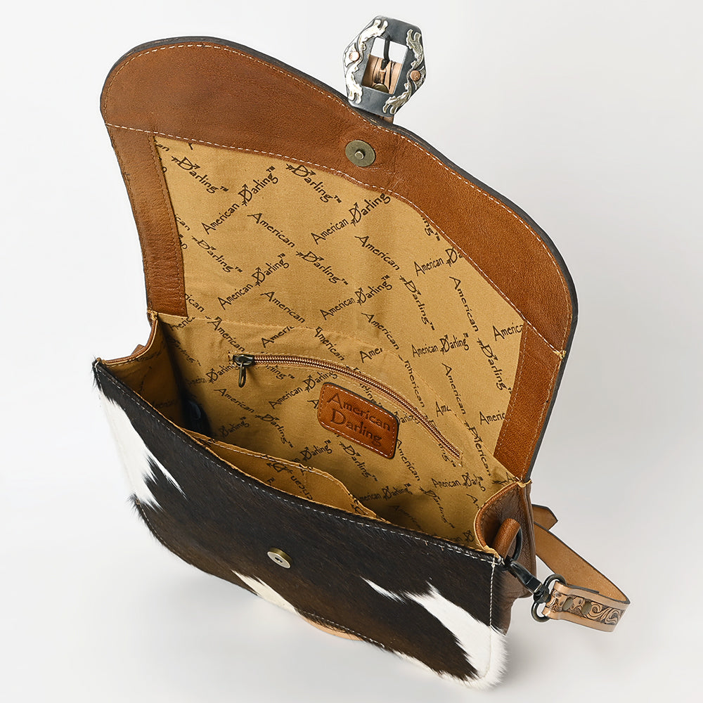 ADBG1518 American Darling Western Leather Crossbody Bag with Hand-Tooled Floral Detailing and Premium Genuine Leather Hair-On Accents