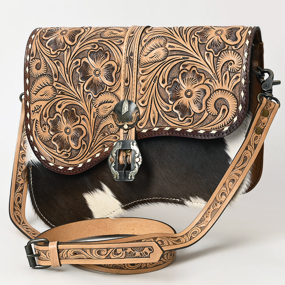 ADBG1518 American Darling Western Leather Crossbody Bag with Hand-Tooled Floral Detailing and Premium Genuine Leather Hair-On Accents
