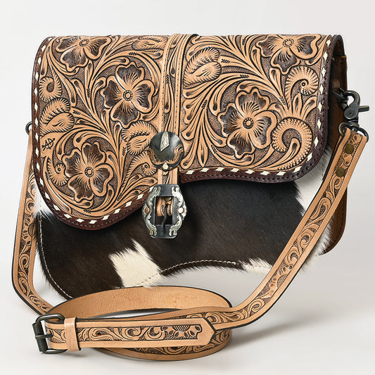 ADBG1518 American Darling Western Leather Crossbody Bag with Hand-Tooled Floral Detailing and Premium Genuine Leather Hair-On Accents