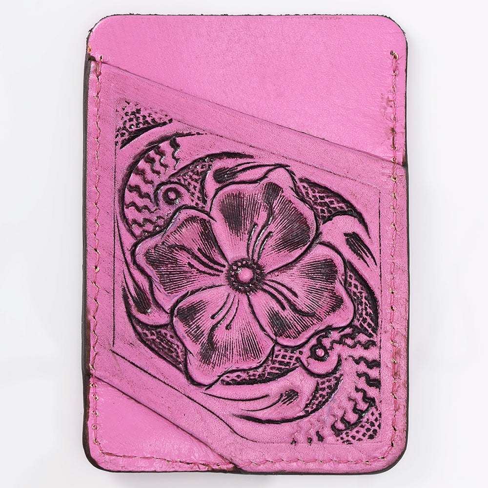 ADCCG108 Hand-Tooled Leather Card Holder - Western Floral Slim Vertical Wallet
