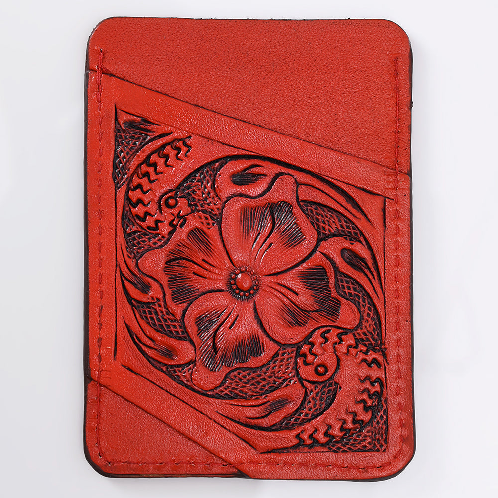 ADCCG108 Hand-Tooled Leather Card Holder - Western Floral Slim Vertical Wallet