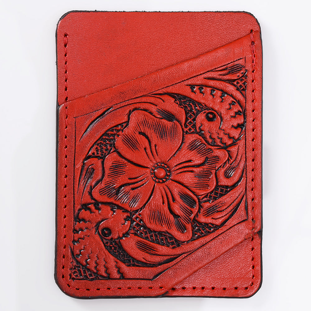 ADCCG108 Hand-Tooled Leather Card Holder - Western Floral Slim Vertical Wallet