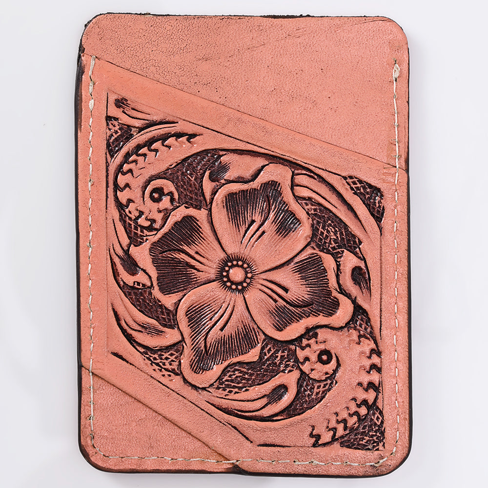 ADCCG108 Hand-Tooled Leather Card Holder - Western Floral Slim Vertical Wallet