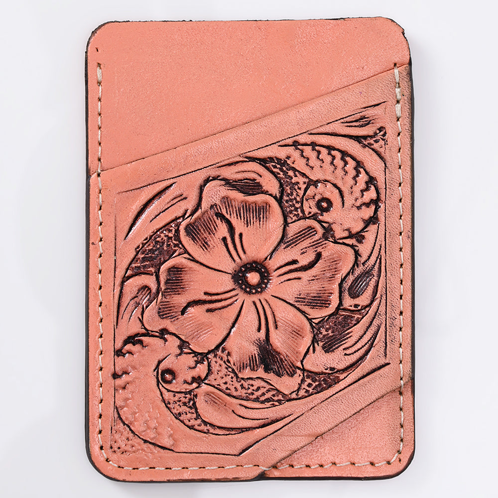 ADCCG108 Hand-Tooled Leather Card Holder - Western Floral Slim Vertical Wallet